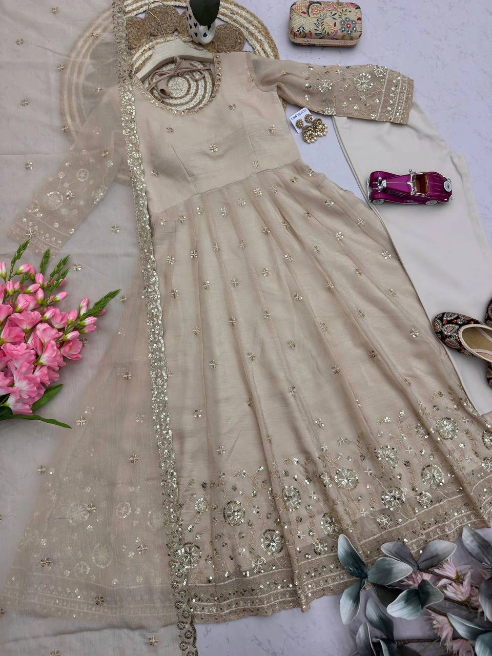Beige Sequins Embroidered Suit Second Pose with Dupatta
